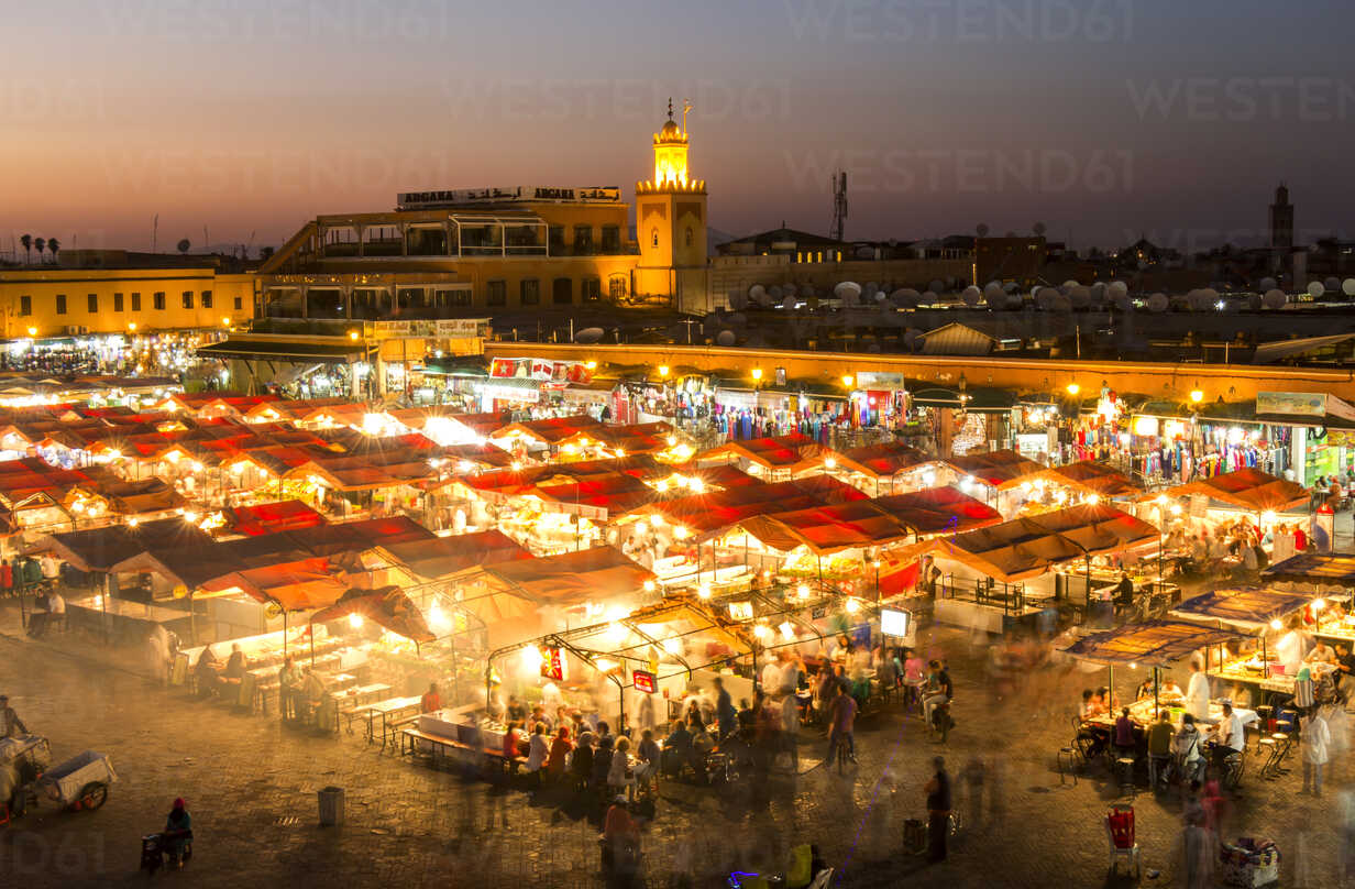 A bustling market street in Marrakech, Morocco